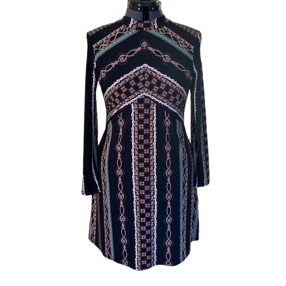 Free People Stella Graphic Long Sleeve Mini Dress M Zip Back Geometric MockNeck - Picture 7 of 15